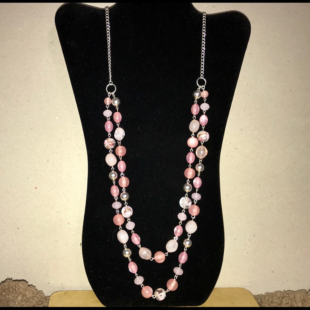 Pink, White & Silver Necklace (with free earrings)